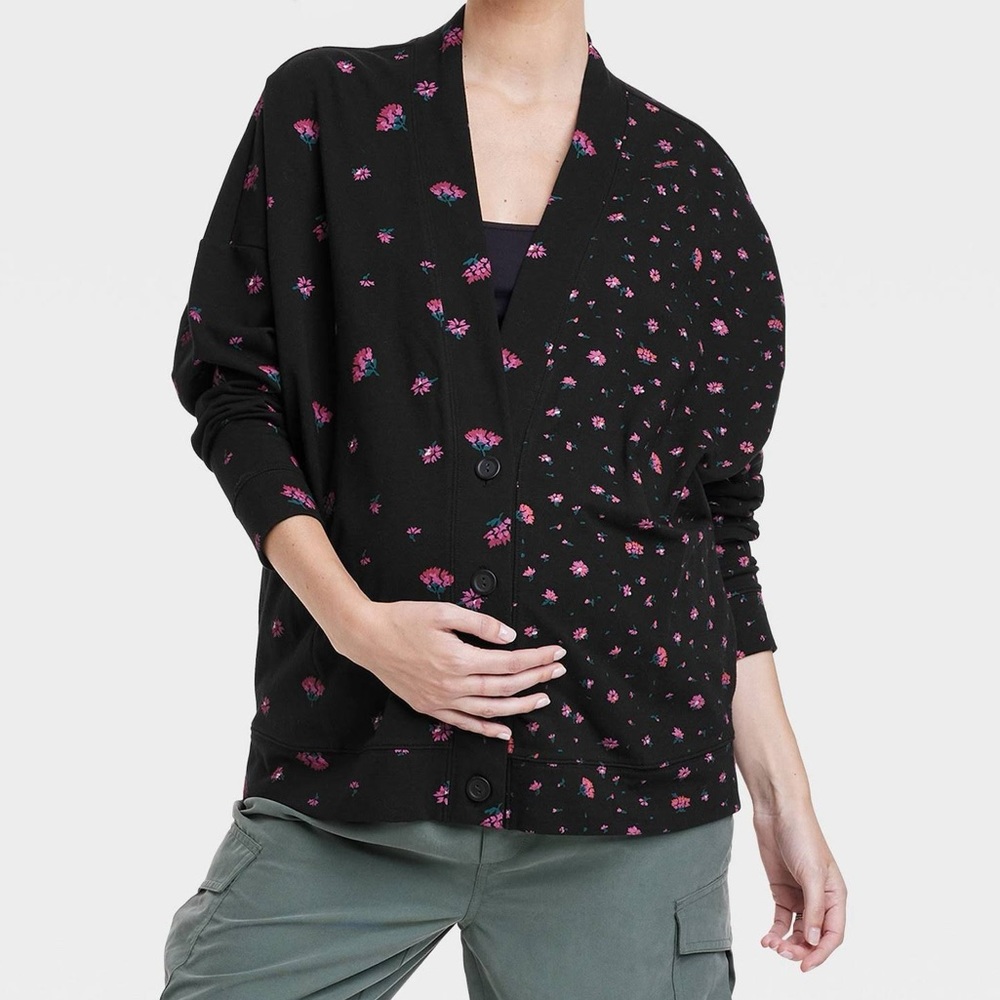 The Nines by HATCH Black Cardigan with Pink Floral Print
